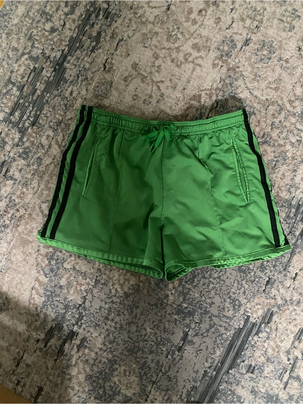 Green Athletic Shorts with Black Side Stripes- L